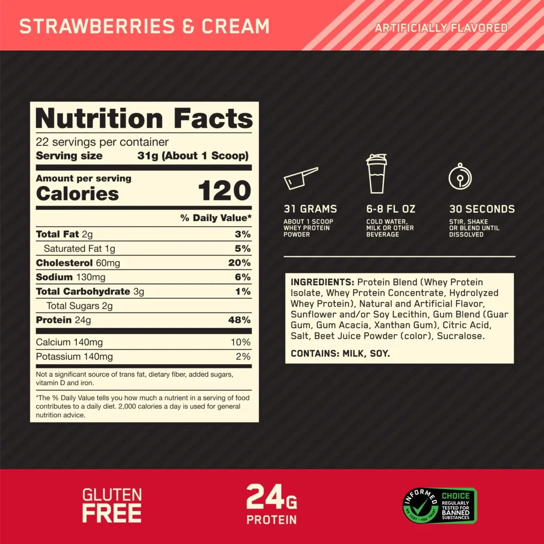 Optimum Nutrition Gold Standard 100% Whey Protein Powder, Strawberries & Cream, 1.5 lb (2-Pack), 44 Total Servings